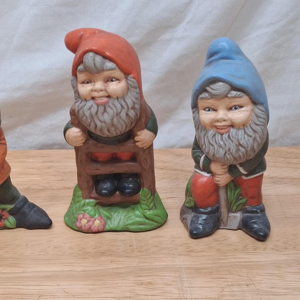 Vintage Ceramic Garden Gnomes / Dwarfs Set Of 6 Hand Painted Pixie Girl Boy READ - Picture 3 of 16